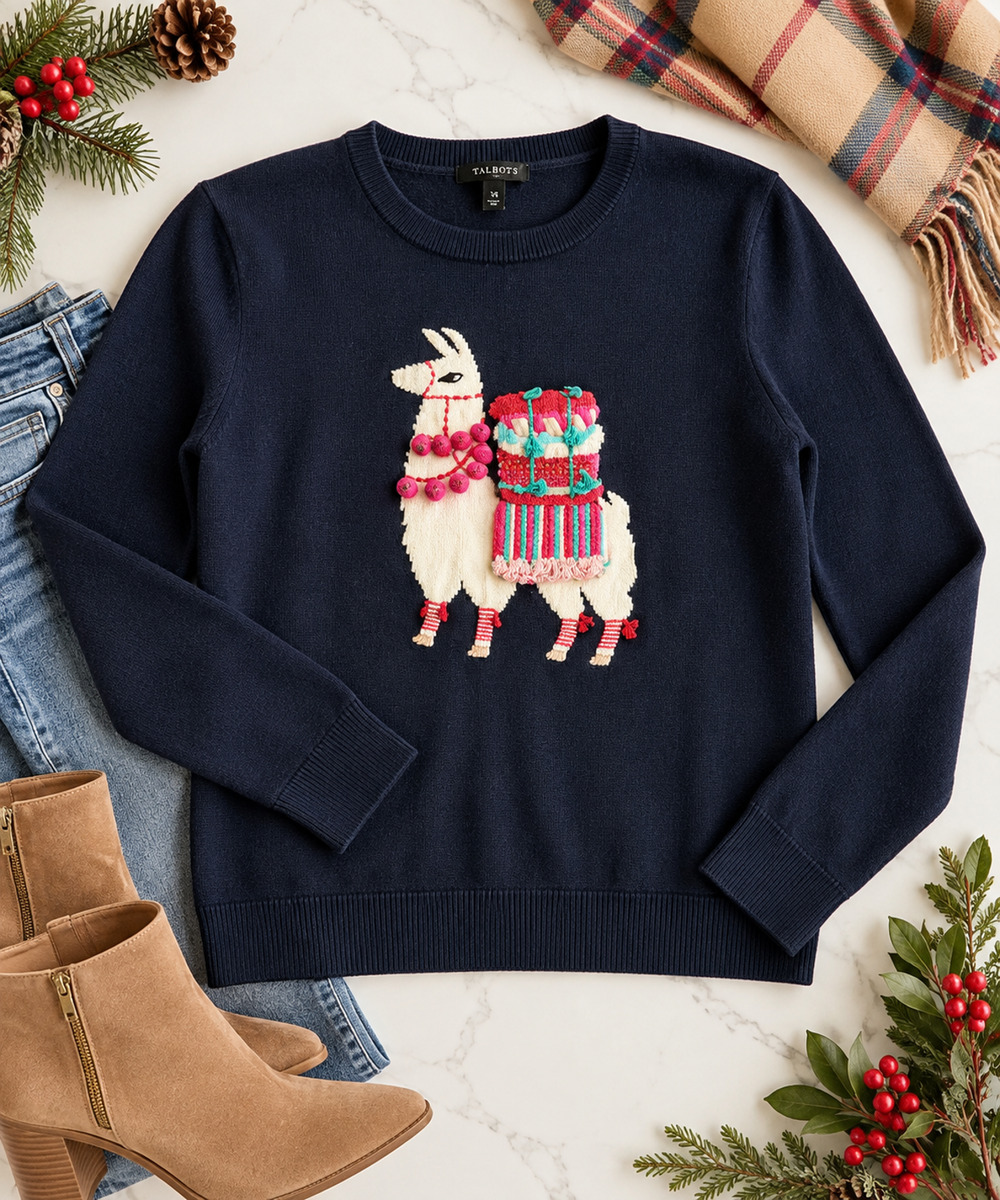 Talbots XS Navy Blue Llama Embellished Crewneck Sweater Holiday Novelty